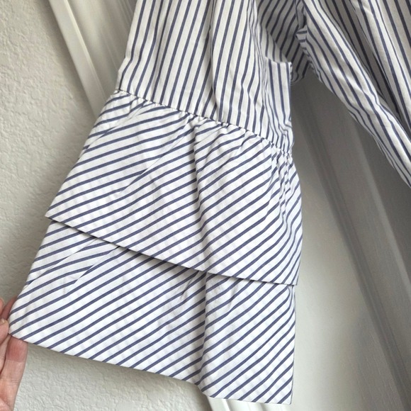LOFT Striped Wrap Blouse Blue White Ruffle 3/4 Sleeve Cotton Top Sz XL - Picture 4 of 6